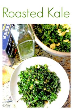 a white bowl filled with kale next to a bottle of olive oil on top of a counter