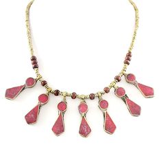 Afghani Tribal Necklace with Geometric Pink Jade Pendants Unique Pink Jewelry For Festivals, Traditional Pink Beaded Necklace, Spiritual Festival Necklaces With Dangling Beads, Pink Spiritual Jewelry For Festivals, Spiritual Pink Jewelry For Festivals, Pink Bohemian Choker For Festivals, Pink Bohemian Jewelry For Festivals, Traditional Pink Necklaces With Dangling Beads, Unique Pink Necklace For Festivals