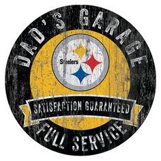 a pittsburgh football logo with the words,'dads garage satisfaction guaranteed full service '