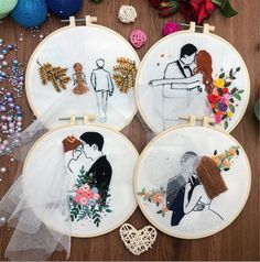 four embroidery hoops with wedding pictures on them