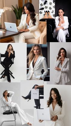 a woman in white is sitting on a chair and posing for the camera with her laptop