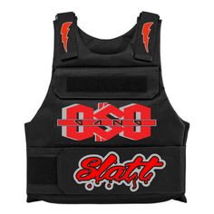 a black vest with red lettering on it