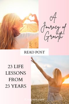 a woman standing in a field with her arms up and the words, a journey of growth