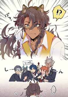 an anime character with long hair and two cats on his head, in front of other characters