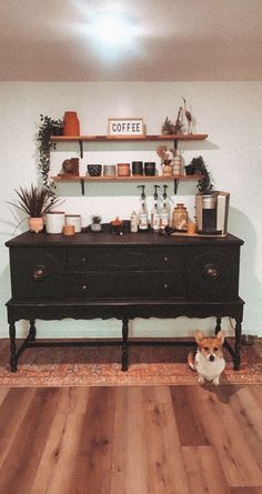 Coffee bar, buffet Modern Coffee Bar Ideas Apartment, Buffet To Bar Makeover, Dinning Room Coffee Bar Buffet, Coffee Bar Ideas Using An Old Dresser, Black Accent Wall Coffee Bar, Buffet Bar Decor, Antique Buffet Coffee Bar, Buffet Cabinet Coffee Bar