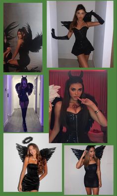 several photos of women dressed in costumes with wings and devil makeup on their faces, posing for the camera