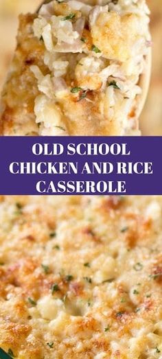 an old school chicken and rice casserole is being held up with a fork