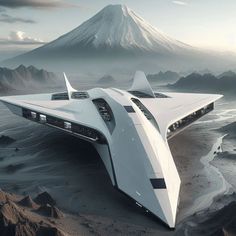 a futuristic flying vehicle on top of a desert area with mountains in the back ground