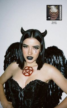 Dark Angel Make Up Halloween, Demon Halloween Costume Outfit, Dark Angles Makeup, Black Devil Costume Women, Dark Feminine Halloween, Black Devil Makeup, Dark Angel Makeup Halloween, Devil Hairstyles, Black Devil Halloween Costume