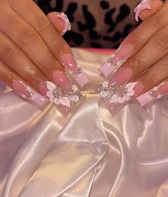 Baby pink french tips. French tip sets. Floral french tipd. Coquette nails. Long Acrylic Nails Flowers, Fresita Nail Ideas, Pink Latina Nails, Baby Pink Nails Acrylic Design, French Tip Sets, Baby Pink French Tips, Pink Quince Nails