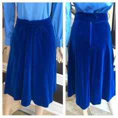 "So beautiful. Makes me want to sing Blue Suede Shoes. Waist does not stretch but hips are slightly stretchy. Polyester zipper back. Great condition. Size Small Length 28\" Waist 26\" Hips 40\"" Retro Blue Party Skirt, Retro Blue Flared Skirt Bottoms, Retro High-waist Blue Skirt, Retro High Waist Blue Skirt, Retro Blue Lined Skirt Bottoms, Retro Knee-length Party Bottoms, Vintage Blue Flared Skirt, Retro A-line Fitted Bottoms, Fitted Vintage Blue Skirt