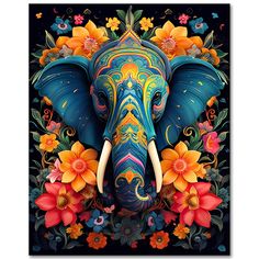 an elephant with flowers on it's head and its trunk is painted in bright colors