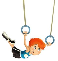 a young boy hanging upside down on two rings