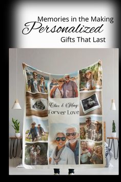 a man standing in front of a blanket with pictures on it and the words memories in the making personalized gifts that last