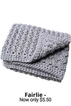 two gray crocheted blankets with the words fairlie - now only $ 5 50