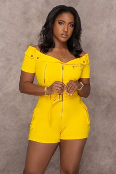 SUN STRUCK OFF SHOULDER BODYCON ROMPER - YELLOW Promoter Outfit, Yellow Denim Shorts, Bodycon Romper, Yellow Jeans, Vintage Romper, Yellow Denim, Yellow Top, Exposed Zipper, Jeans Jumpsuit