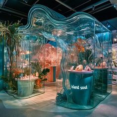 there are many different plants in the glass cases on this display case that says island soul