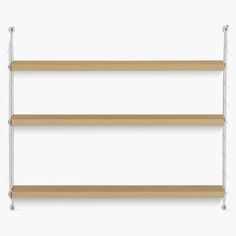 three wooden shelves with metal brackets on each side and one shelf above the other, against a white background