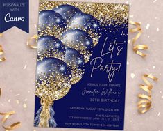 a blue and gold birthday party with balloons