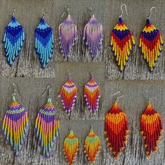 six pairs of beaded earrings are shown in different colors and shapes, each with an individual's own dangling earring