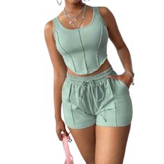 Dusty Mint Green Tank Top And Shorts Set. Exposed Seams In The Front Of Both Pieces. Curved Hem On The Crop Top. Side Pockets On The Shorts And Drawstring/Elastic Waist. Size 2. See Pictures For Measurements. Inv #4791 Fitted Leisure Shorts For Summer, Fitted Summer Leisure Shorts, White Flowy Shorts, Mint Green Tank Top, Black Sequin Shorts, Tank Top And Shorts, Metallic Shorts, Denim Skort, Drawstring Waist Shorts