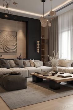 a large living room with modern furniture and decor