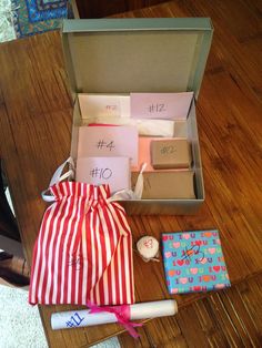 an open gift box on the floor with its contents in it and some writing paper