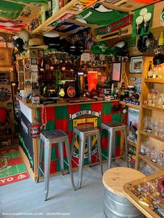 the inside of a bar with two stools