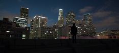 a man standing on top of a roof looking at the city lights in the distance