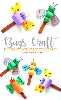 some paper craft sticks with bugs on them and the words bug's craft written in white