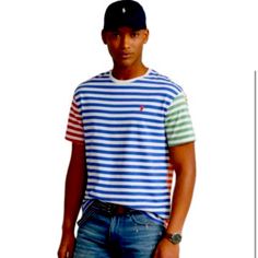 Polo Ralph Lauren's Cotton Jersey T-Shirt Achieves A Color-Blocked Design With Contrasting Stripes. Approx. Model Height Is 6'1" And He Is Currently Wearing A Size Medium Size Medium Is Approx. 28-½" Long Classic-Fit: Our Roomiest Silhouette Cut For A Lower Armhole And A Fuller Sleeve That Falls Closer To The Elbow Crewneck Short Sleeves Signature Embroidered Pony At The Left Chest All Cotton Machine Washable Ralph Lauren Casual Crew Neck Top, Casual Multicolor Ralph Lauren Tops, Ralph Lauren Multicolor Casual Tops, Ralph Lauren Sporty Crew Neck Tops, Ralph Lauren Relaxed Fit Crew Neck Top, Ralph Lauren Sporty Short Sleeve Tops, Casual Green Ralph Lauren Top, Ralph Lauren Multicolor Summer Tops, Multicolor Sporty T-shirt With Color Block