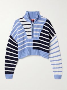 This cropped version of STAUD's signature 'Hampton' sweater is knitted from a cotton-blend with a variety of coordinating striped patterns. It has a half-zip neckline that can be adjusted to reveal a flash of skin or a tank underneath. Striped Cropped Sweater For Spring, Striped Knit Cropped Sweater For Winter, Striped Cropped Sweater For Winter, Winter Striped Cropped Tops, Spring Striped Cropped Sweater, Striped Cropped Winter Sweater, Trendy Cropped Striped Sweater, Casual Striped Long Sleeve Cropped Sweater, Staud Hampton Sweater