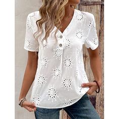 Season:Summer; Fabric:Polyester; Sleeve Length:Short Sleeve; Gender:Women's; Style:Basic; Tops Type:Blouse,Shirt,Dressy Tops; Occasion:Daily; Pattern:Solid Color,Plain; Design:Buttons,Eyelet,Embroidered; Neckline:V Neck; Brand:Shall We; Front page:FF; Listing Date:04/16/2024; Bust:null; Length:null; Shoulder Width:null; Sleeve:null; Fit US Size:null; Fit UK Size:null; Fit EU Size:null Casual V-neck Eyelet Blouse, Non-stretch Summer Blouse With Buttons, Non-stretch Short Sleeve Blouse For Beach, Summer White Blouse With Button Closure, White Summer Blouse With Button Closure, Summer V-neck Tops With Buttons, White Buttoned Summer Blouse, Summer Eyelet V-neck Blouse, Summer V-neck Eyelet Blouse