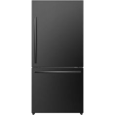 a black refrigerator freezer sitting on top of a white wall