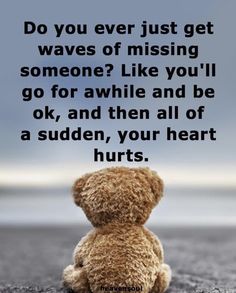 a teddy bear sitting on the ground with a quote about it saying do you ever just get waves of missing someone? like you'll go for awhile and be ok, and then all of a sudden