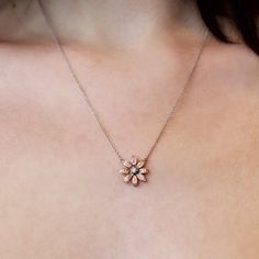 Diamond Flower Pendant This pave diamond flower necklace blooms on anyone who wears it. Set in feminine rose gold. .35tw diamonds, 16" chain. Rose Gold Flower Charm Necklace, Rose Gold Diamond Necklace With Flower Pendant, Delicate Rose Gold Diamond Necklace With Flower Pendant, Diamond Flower Necklace, Diamond Flower Pendant, Diamond Flower, Ring Collections, Flower Pendant, Unique Engagement Rings