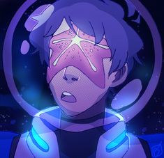 a man with blue hair and an alien face in front of a purple background that has stars on it