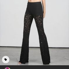 Rarely Worn Chic Lace Bottoms For Evening, Black Lace High Waist Bottoms, Chic Lace Evening Bottoms, Stretch Lace Bottoms For Night Out, Stretch Lace Party Pants, Party Lace Stretch Pants, Lace Bottoms For Night Out, Chic Black Lace Bottoms, Spring Evening Lace Bottoms