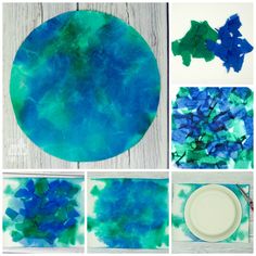 blue and green art project with paper plates, paintbrushes and other crafting supplies