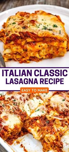 the cover of italian classic lasagna recipe