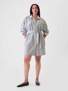 Organic Cotton Striped Mini Shirtdress | Gap Cotton Collared Shirt Dress With Tie Waist, Collared Cotton Shirt Dress With Tie Waist, Chic Striped Shirt Dress With Relaxed Fit, Chic Striped Cotton Shirt Dress, Summer Workwear Shirt Dress With Striped Collar, Striped Relaxed Fit Button-up Shirt Dress, Spring Shirt Dress With Striped Collar For Work, Cotton Shirt Dress With Striped Collar For Daywear, Daywear Shirt Dress With Striped Collar