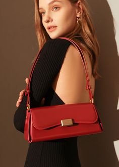 Indulge in sophistication and style with our Red Leather Baguette Shoulder Bag. The flap lock closure and adjustable strap combine practicality with elegance. The structured silhouette and flat base provide stability, while the interior slip pockets enhance organization. Handcrafted with genuine cowhide leather, this women's shoulder bag is the epitome of luxury. Size info 11" (28cm) width 4"(10cm) height 6 3/4"(17cm) depth Details Flap lock closure Adjustable shoulder strap Structured silhouett Luxury Baguette Bag With Adjustable Strap For Formal Occasions, Luxury Formal Baguette Bag With Adjustable Strap, Everyday Luxury Flap Baguette Bag, Luxury Baguette Bag For Everyday Use, Luxury Baguette Shoulder Bag For Office, Elegant Clutch Baguette Bag With Adjustable Strap, Elegant Clutch-style Baguette Bag With Adjustable Strap, Classic Clutch Baguette Bag With Adjustable Strap, Evening Rectangular Baguette Bag With Magnetic Closure