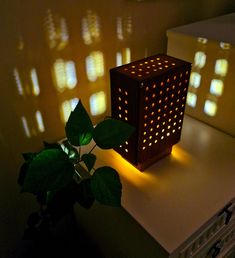 a plant sitting on top of a white table next to a light box with holes in it