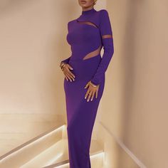 Features: Featuring an elegant turtleneck design and a sultry bodycon fit, this purple maxi dress is perfect for your next club party. The long sleeves and mesh hollow out patchwork add a touch of sexy to this dress, making it a must-have for any fashion-forward woman. Purple Maxi, Purple Maxi Dress, Maxi Dress Sale, Turtleneck Long Sleeve, Women Long Sleeve Dress, Club Party, Long Sleeve Bodycon Dress, Casual Summer Dresses, Party Dresses For Women