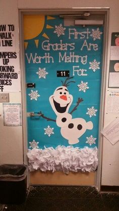 a door decorated with snowmen and sayings for the first grade students are worth melting foot