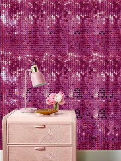 barbie sequin wallpaper by barbie barbie pink on silver mylar Barbie Inspired Wallpaper, Pink Wallpaper In Closet, Maximalism Wallpaper, Glitter Wall Pink, Sparkly Wallpaper, Barbie Dream House Wallpaper, Lip Wallpaper Bathroom, Barbie Glitter Wallpaper, Pink Glitter Wallpaper Room