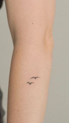 a woman's arm with a small bird tattoo on the left side of her arm