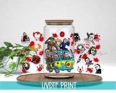 a glass jar filled with lots of cartoon characters