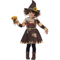 You probably won't be able to scare off many crows with this adorable scarecrow on your lawn. This super cute costume for toddlers is just the right look for getting into the spirit of Halloween without being too scary! Pumpkin Patch Outfit Kids, Scarecrow Cosplay, Scarecrow Dress, Tin Man Costumes, Scarecrow Halloween, Theater Costumes, Toddler Girl Halloween, Scarecrow Costume, Costume Toddler