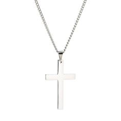 Details: Cross pendant necklace Highly polished finish Made of stainless steel and titanium Size: One size fits all Chain length up to 24" Pendant size: 2.0" by 1.2" Modern Surgical Steel Jewelry As A Gift, Stainless Steel Cross Pendant Necklace As Gift, White Stainless Steel Necklace With Silver Chain, Modern Stainless Steel Necklace With Polished Finish, Minimalist White Gold Stainless Steel Necklace, Stainless Steel Pendant Cross Necklace For Gift, Minimalist Stainless Steel Cross Necklace With Adjustable Chain, Nickel-free Silver Stainless Steel Necklace, Silver Stainless Steel Cross Pendant Jewelry